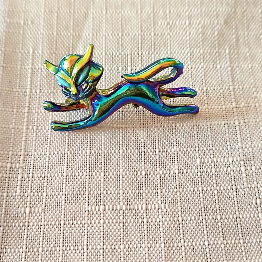 Vintage Iridescent Blue Cat Brooch